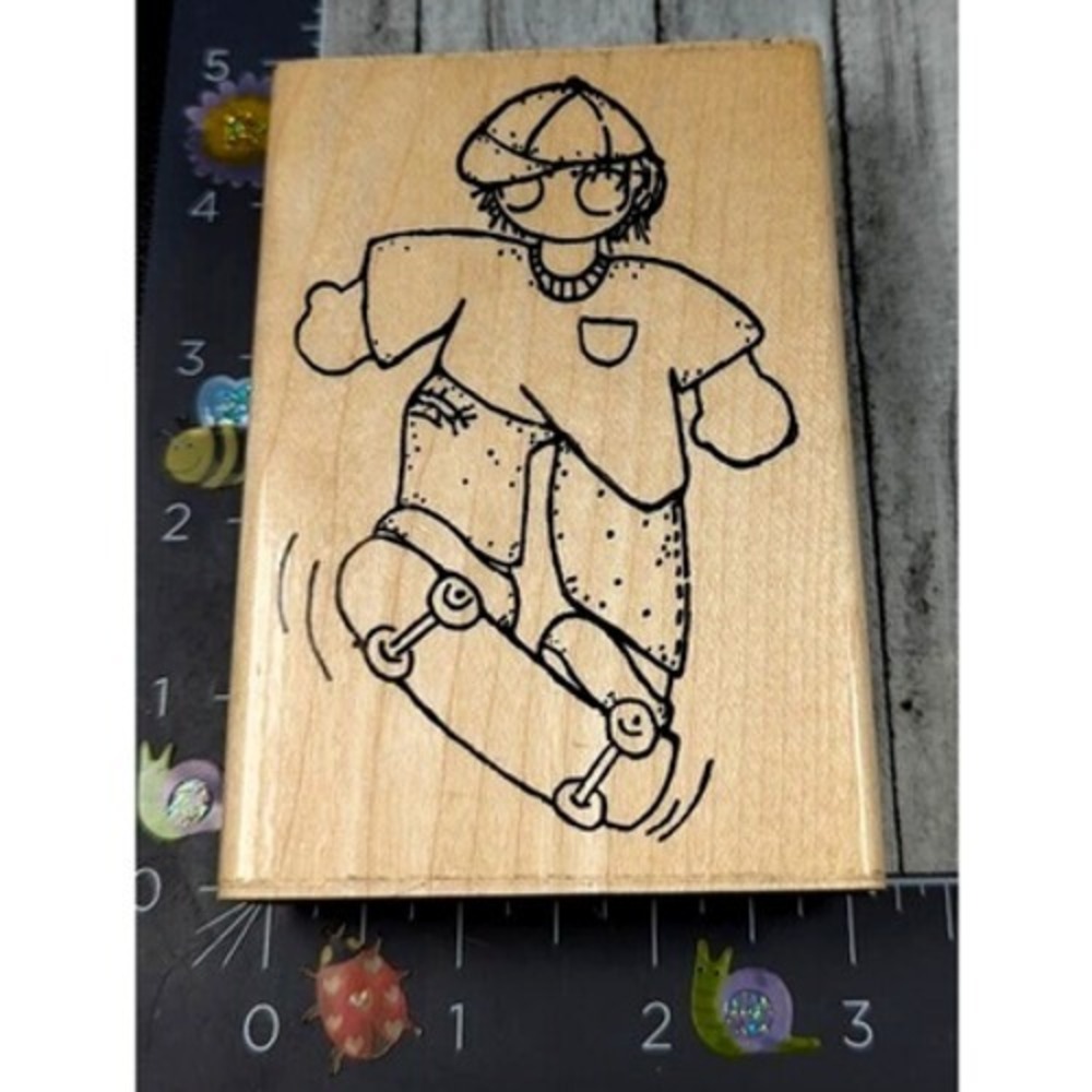 Dots Skateboarding Person Boy Folk Art Rubber Stamp Wood #A29